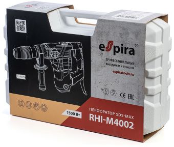 Перфоратор Espira RHI-M4002 sds max 220 – 240 В/50 Гц, мощность 1500 Вт, эн.удара 10 Дж, вес 7.2 кг,