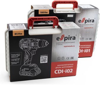 Дрель-шуруповерт Espira CDI-i02 85 Н*м,2акк.2 А*ч Li-ion 18В+З/У,быстр.патр 13 мм,бесщ.дв, 1.6 кг